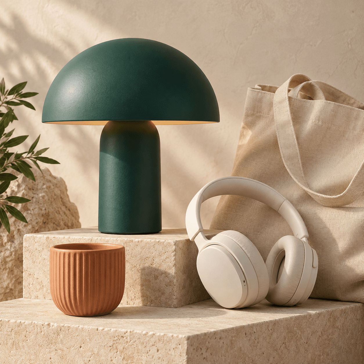 Composición de ejemplo: lámpara verde, audífonos crema, taza terracota y bolso de lona